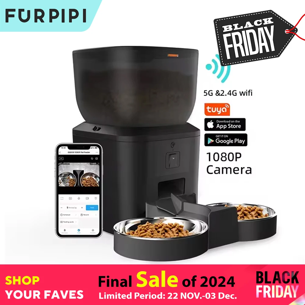 Automatic Dog Feeders with Camera 1080P HD 5G WiFi Pet Feeder Tuya APP Control Automatic Cat Dog Food Dispenser Furpipi