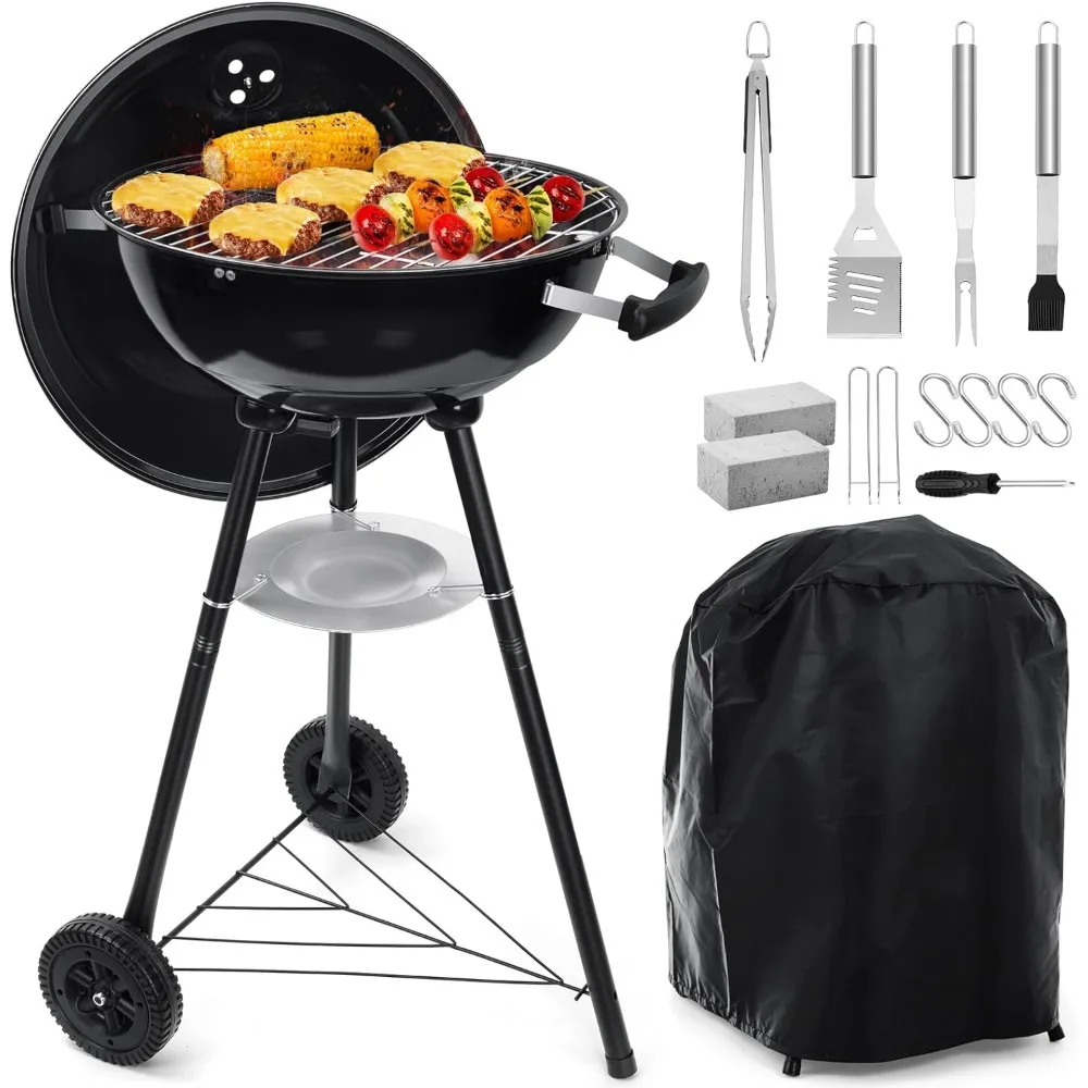 18 Inch Charcoal Grill, 2-In-1 Kettle Outdoor Barbecue Grill, Portable Black BBQ Grill for Camping/Backyard/Patio/Picnic