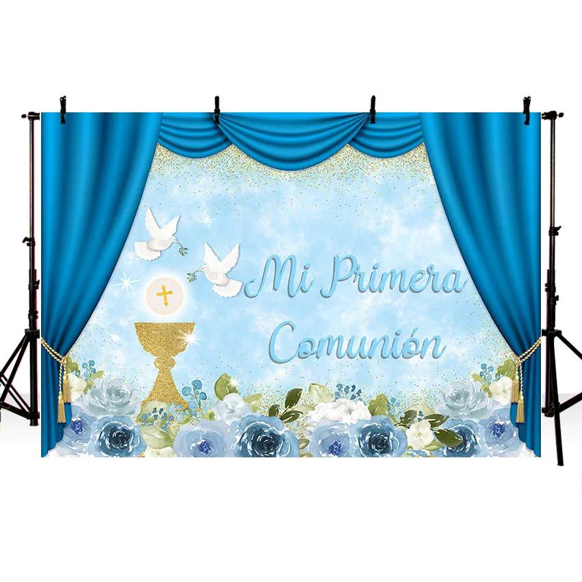 Mehofond Photography Background Boys Baptism Mi Primera Comunion Christening Glitter Chalice Blue Decor Backdrop Photo Studio