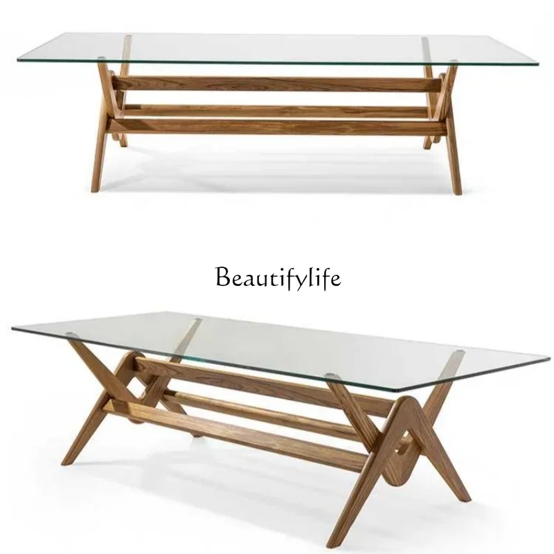 05-Escritório italiano grande mesa de jantar retangular de madeira maciça de vidro plano