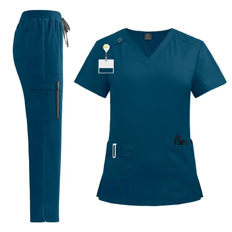 Pflege Scrubs Uniform Anzug Kurzarm V-ausschnitt Tops + Hosen Sets Frauen Mehrfarbige Pet Medizinische Arbeitskleidung Krankenschwester Zubehör