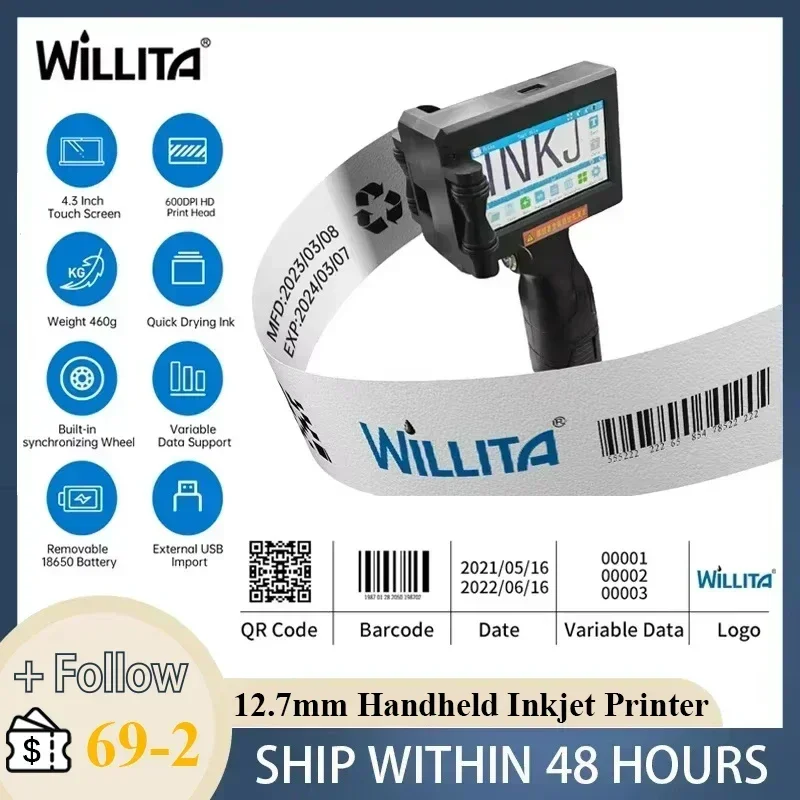 Ручной струйный принтер Willita 12,7 мм, 4,3-дюймовый умный сенсорный экран для QR-кода, даты, пластика, металлической картонной коробки, штрих-кода, логотипа, партия