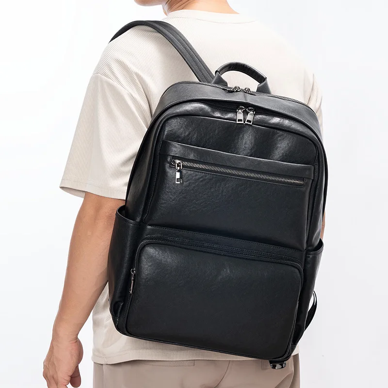 Simple and genuine leather men's simple and high-end travel backpack, large-capacity multi-functional 16-inch computer bag