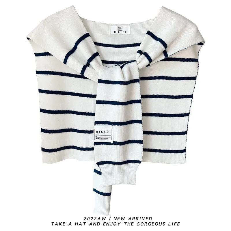 

2025Новая тонкая классическая черно-белая полосатая вязаная шаль в корейском стиле, шерстяная вязаная шаль, женский шарф