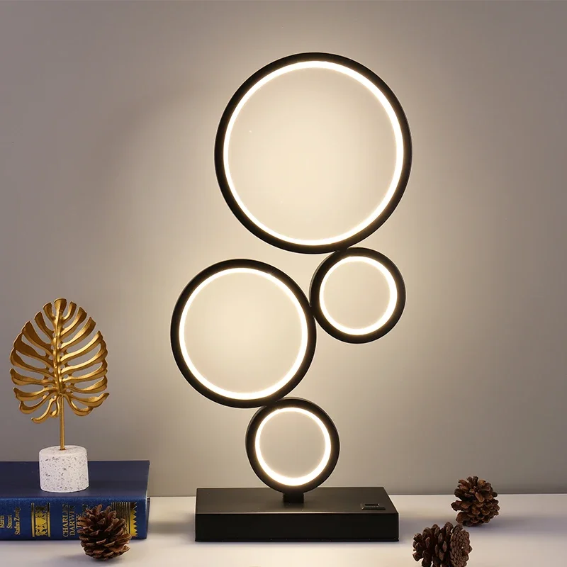 Simple LED Table Lamps Nordic Bedroom Bedside Lamp Modern Iron Art Circle Table Lights Hotel Home Living Room Desk Light Fixture