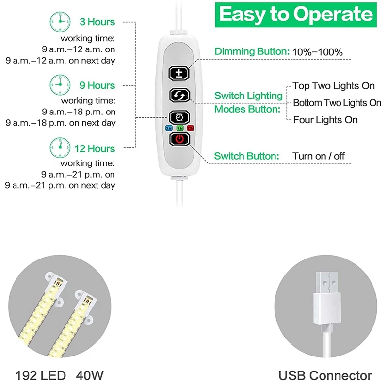Tiras de luces LED para cultivo de plantas, luces de cultivo de espectro completo para plantas de interior con temporizador de encendido/apagado automático de 3/9/12H, 192 LED