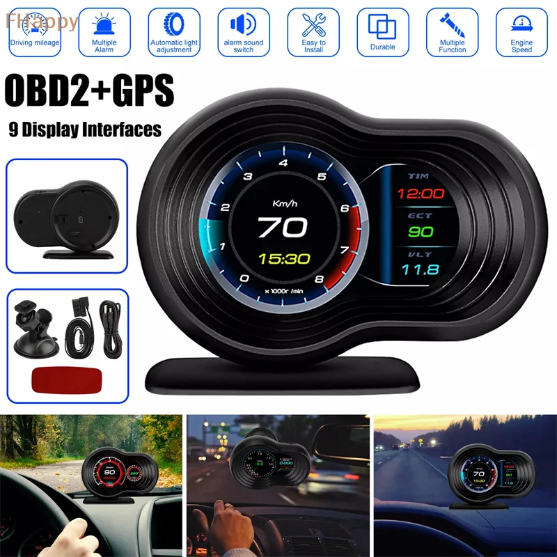 

OBD+GPS Dual System HUD Obd2 Gauge Multi-function On-board Computer Obd2 With Overspeed/ Temperature/ Voltage Alarm HUD Head Up
