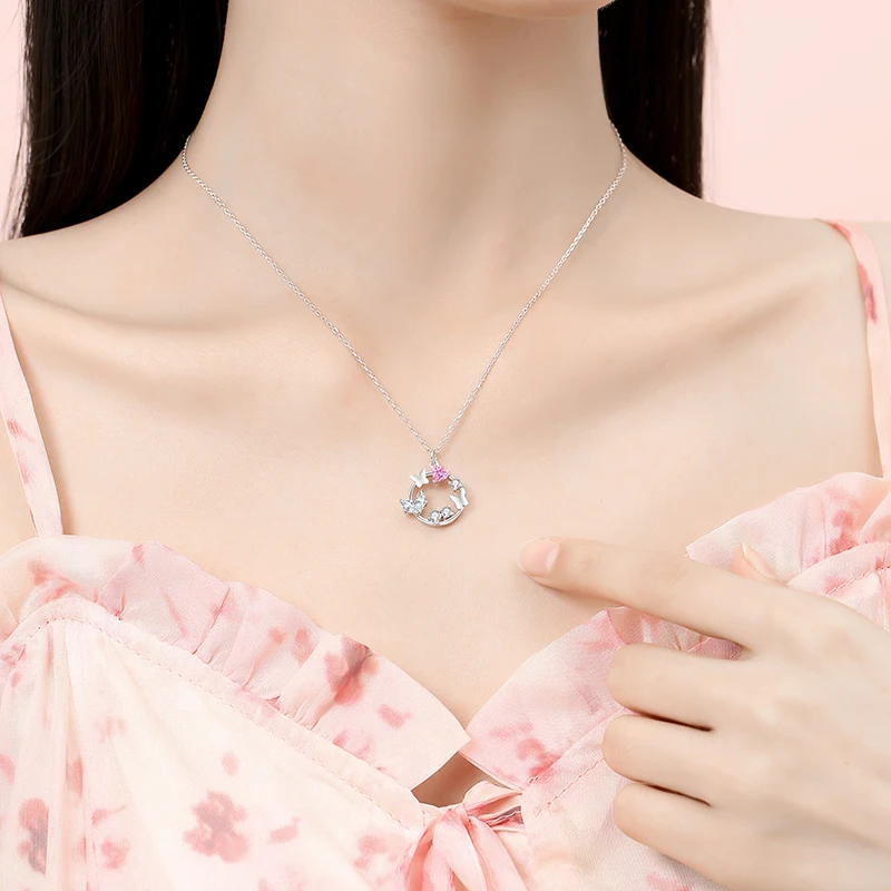 S925 Sterling Silver Love Garland Necklace For Women Pink Zircon Beautiful Flower Floral Bow Pendant 45cm Choker Jewelry Gift