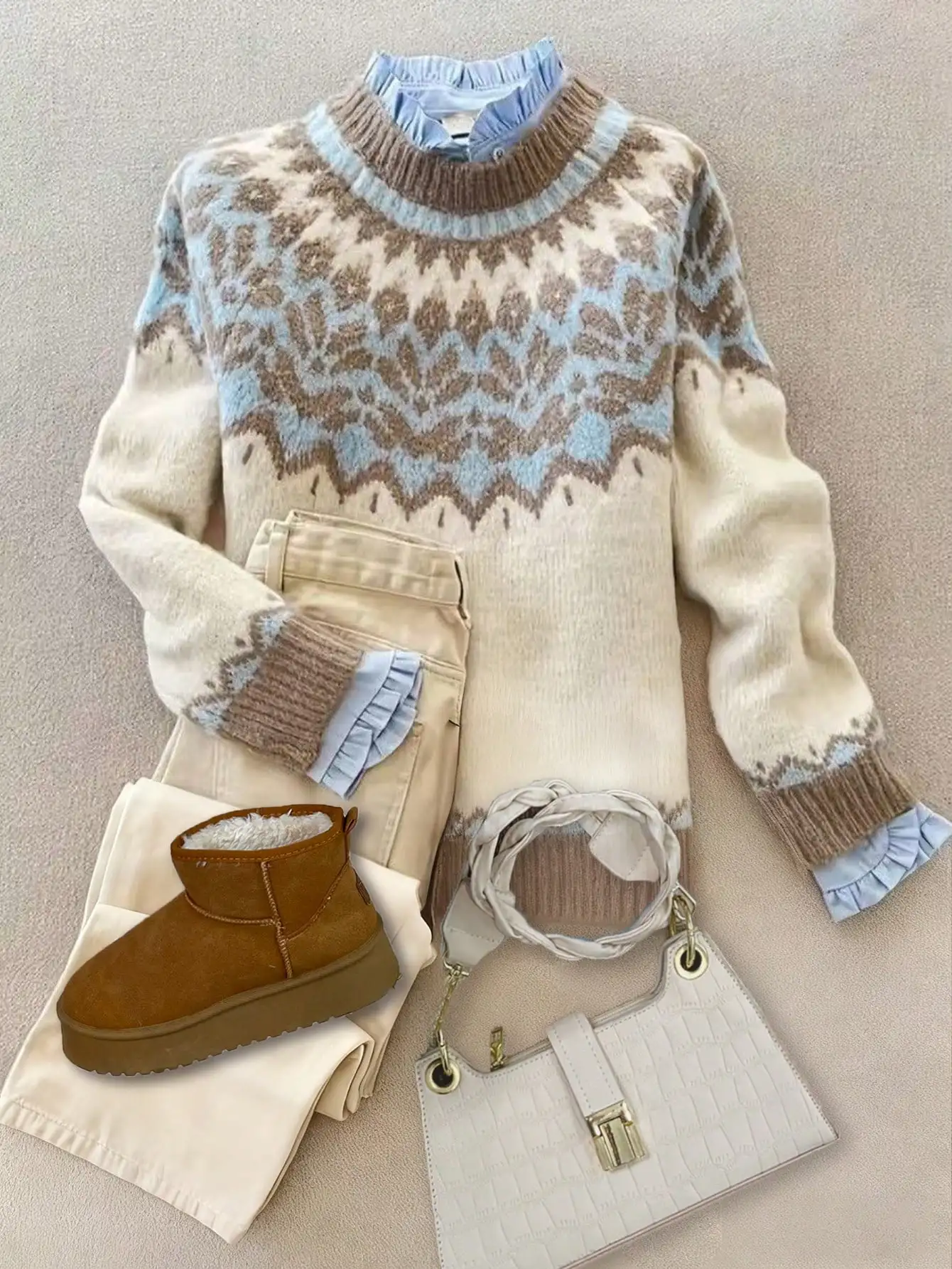 

Женский свободный шерстяной свитер с узором «Фер-айл», круглым вырезом и длинными рукавами для повседневной носки и офиса на осень-зиму