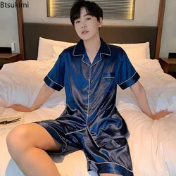 New Summer Men Pajama Sets Silk Satin Pijama Turn-down Collar Sleepwear Short Sleeve Nightwear Male 2 Pieces Sets Homewear 5XL