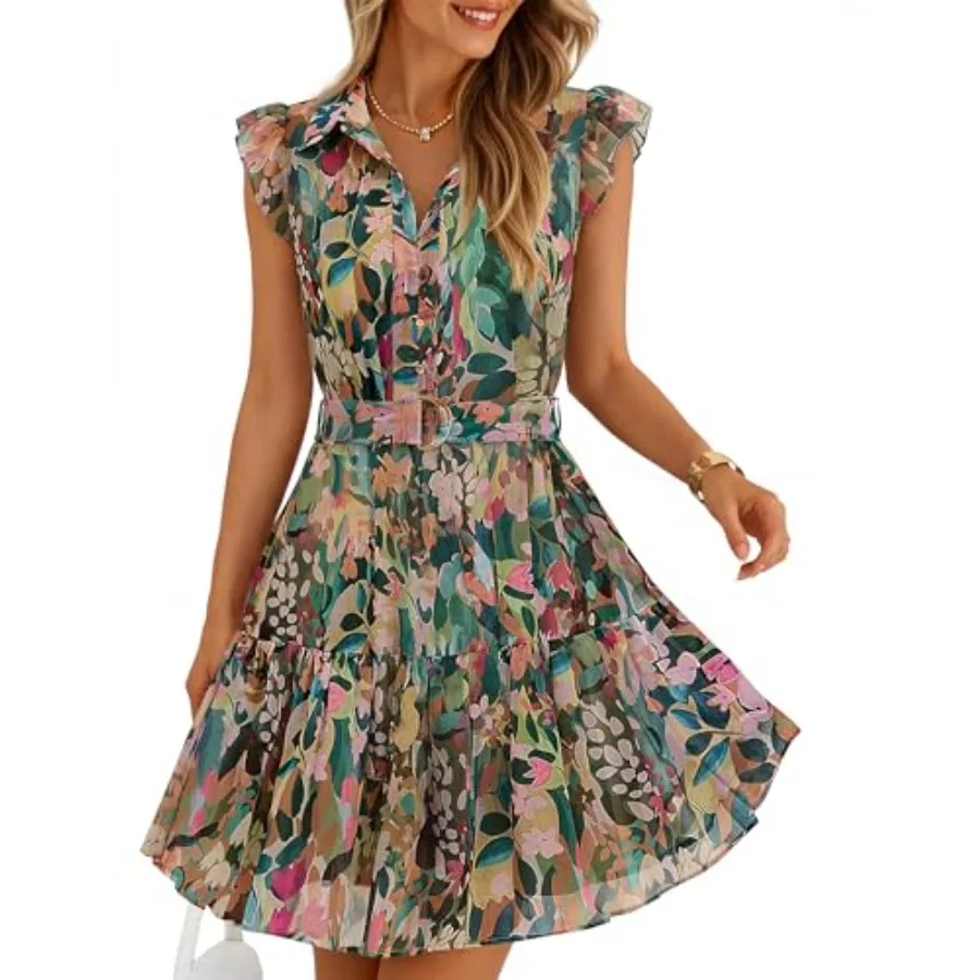 

ZESICA Womens Summer Boho Floral Mini Dress 2026 Flutter Short Sleeve Button Chiffon A Line Beach Vacation Party Dresses