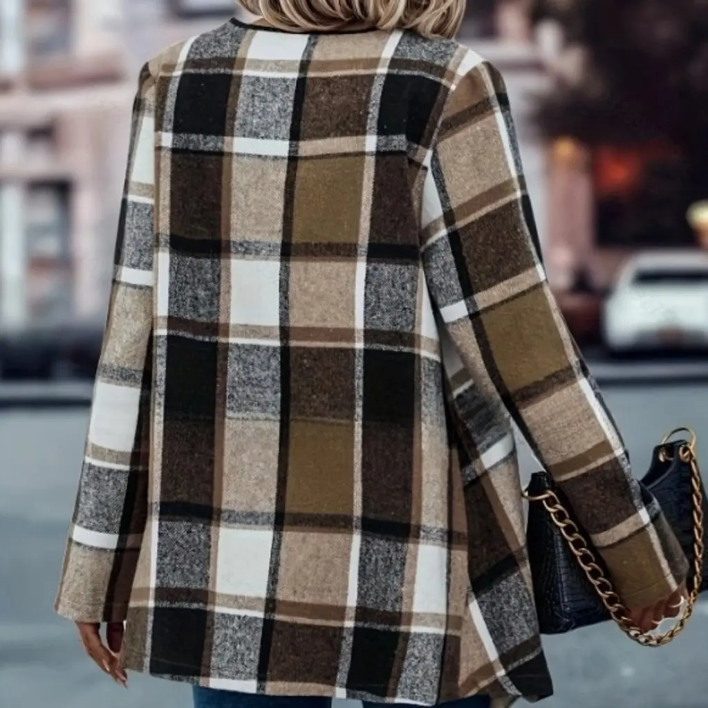

Elegant Casual Plaid Woolen Cardigan Lapel Coat for Women European American Style Wholesale
