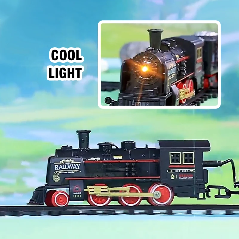 Locomotiva ferroviaria classica Accessori per treni a vapore retrò Parcheggio ferroviario Pista per treni elettrici Giocattoli per bambini per regali per ragazzi