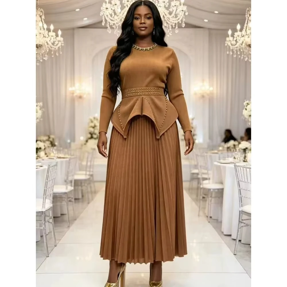 

ANLAN Miyaki Pleated 2 Piece Sets Tops And Skirt Dresses For Women Elegant Dashiki Robe Kaftan Office Lady Maxi Dress Set 2AN397