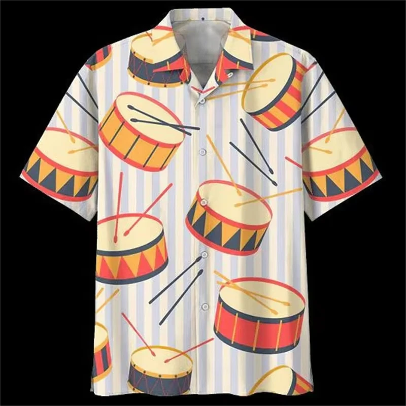 3D Print Musical Instrument Hawaiian Shirt Men's Drum Pattern Shirts Summer Short Sleeve Tops Fashion Street Casual Blouse