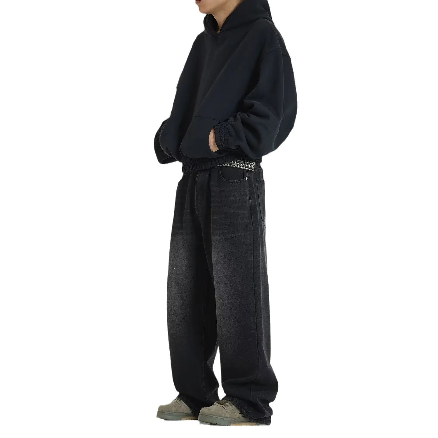 جينز ريترو 2025 للرجال للخريف والشتاء سروال مستقيم أمريكي فضفاض مصبوغ بالطين الأصفر مغسول وسراويل قديمة واسعة الساق