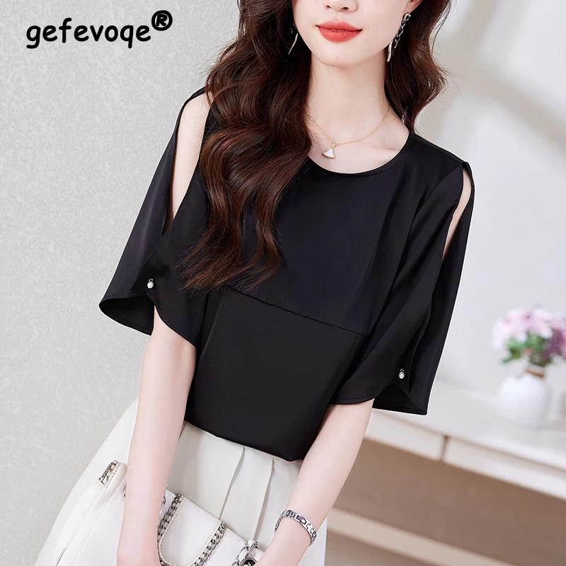 

Women Stylish Elegant Silk Blouse 2024 Summer Office Lady Commuter Hollow Short Sleeve Shirt Simple O Neck Solid Sweet Loose Top