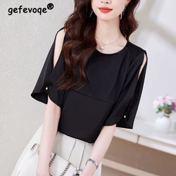 Women Stylish Elegant Silk Blouse 2024 Summer Office Lady Commuter Hollow Short Sleeve Shirt Simple O Neck Solid Sweet Loose Top