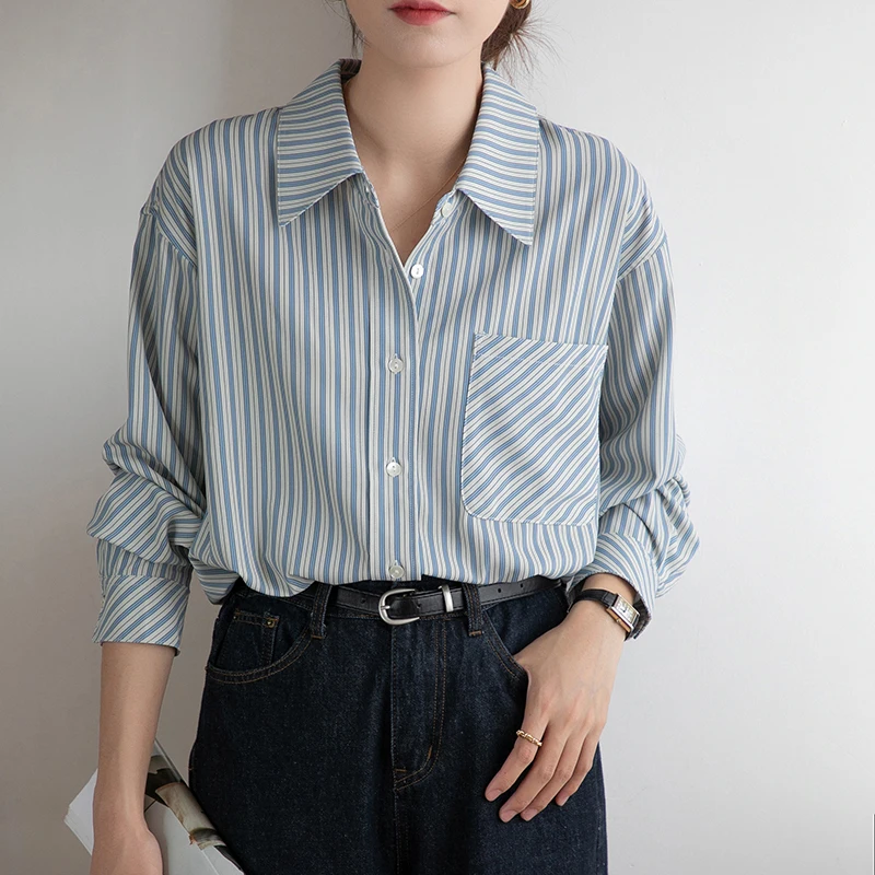 

QOERLIN French Style Womens Button Down Shirts Striped Classic Long Sleeve Collared Office Work Blouses Tops with Pocket Tops