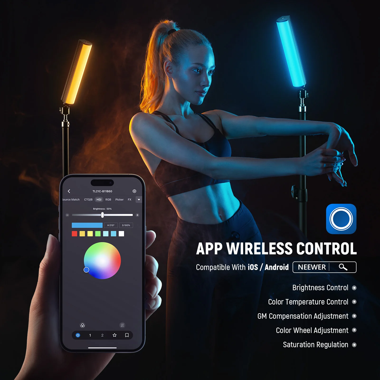 NEEWER RGB-Lichtstab mit Schreibtischstativ, APP-Steuerung, magnetischer Handfotografie-Video-Beleuchtungsstab, 2500 K-8500 K dimmbar – Detail 4