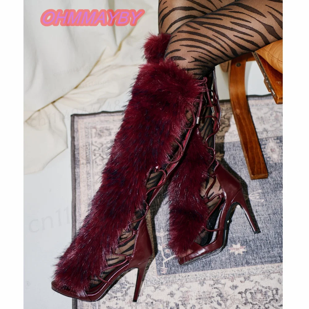 Women Burgundy Furry Knee High Boots Pointed Toe Stiletto Heels Cutout Lace Up Front Trim Glossy Panels Winter Party Dress Shoes