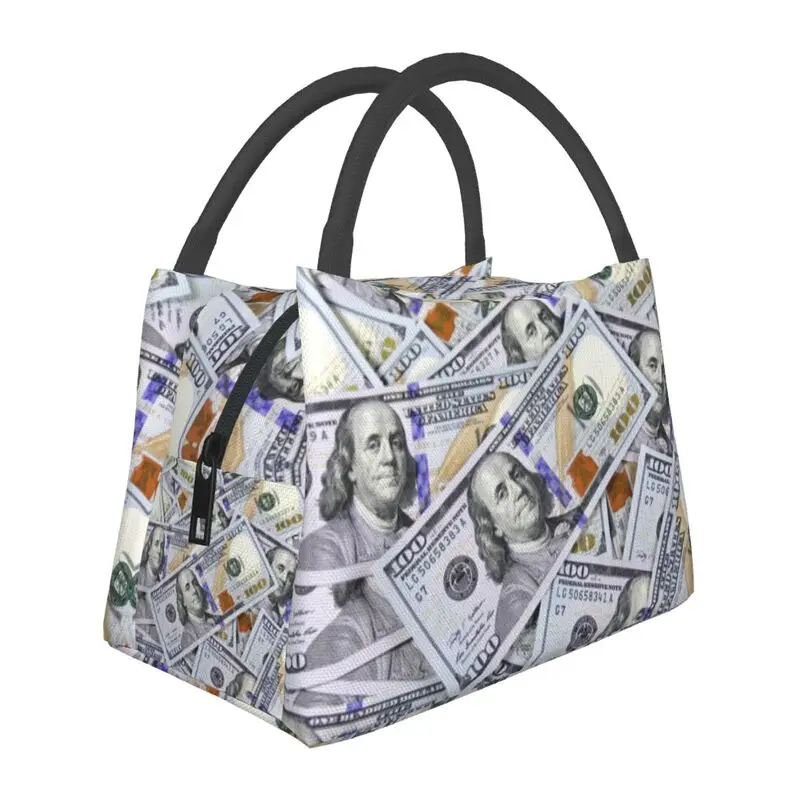 One Hundred Dollar Bills Thermal Insulated Lunch Bags Money Portable Lunch Tote for Outdoor Picnic Multifunction Meal Food Box