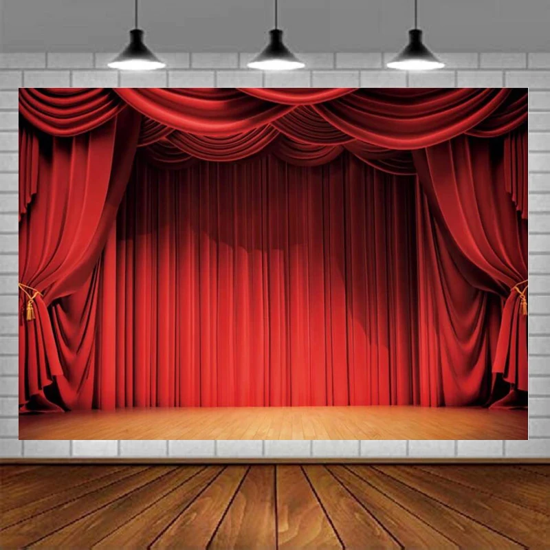 Stage Photography Backdrop Red Drapes Curtains Panels Sway Window Music Theater Background Wedding Hall Birthday Party Decor