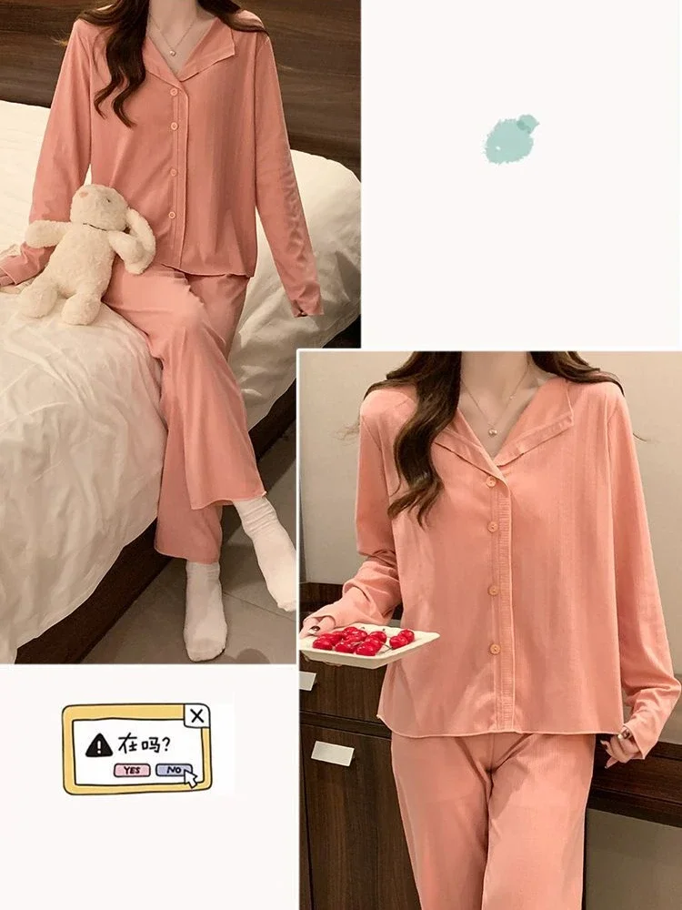 5XL PLUS ขนาดฤดูใบไม้ผลิชุดนอนผู้หญิงผ้าฝ้ายแขนยาว 2 ชิ้นชุดหลวม Loungewear หน้าอก Pads Homesuit สวมใส่ด้านนอก