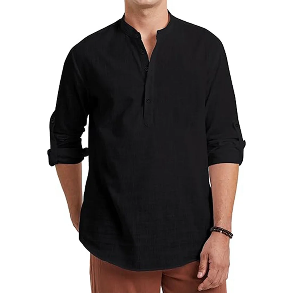Men's Cotton Linen Long Sleeve Polo Shirt Lightweight Henley Neck Hawaiian Beach Style Solid Color Tops Vacation T-shirt - Image 5