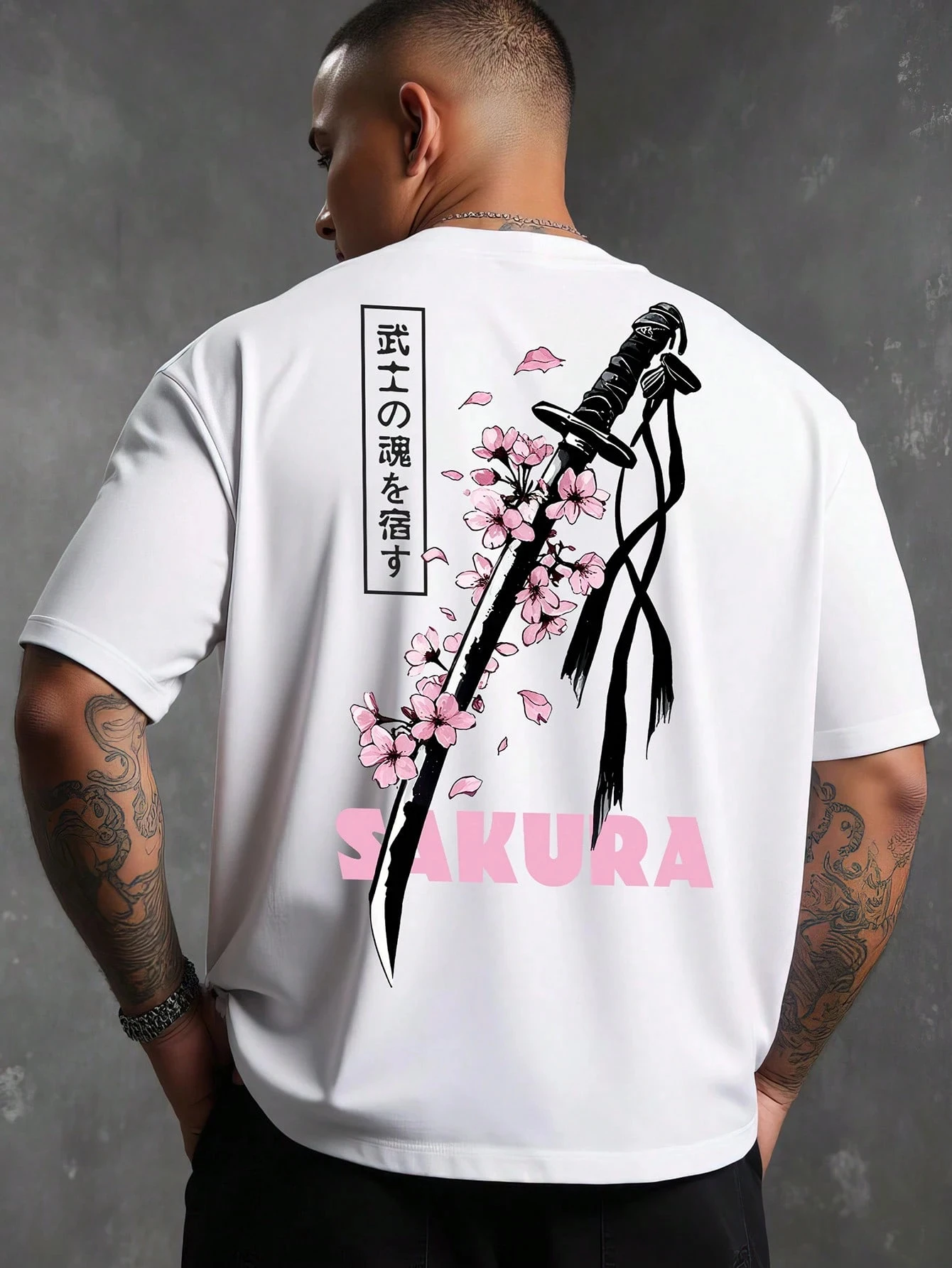 تي شيرت رجالي كاجوال مطبوع عليه رسومات تتميز بتصميم روح الساموراي وزهر الكرز ملابس رجالية قميص كبير الحجم جديد في القمم #1