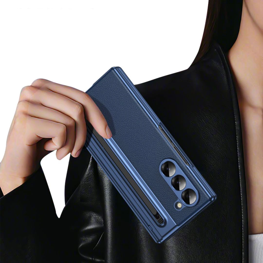 S Pen Phone Case for Galaxy Z Fold6 Fold7 Hinge Protection & Built-in Screen Protector Leather Phone Cover for Fold4 Fold5 Blue