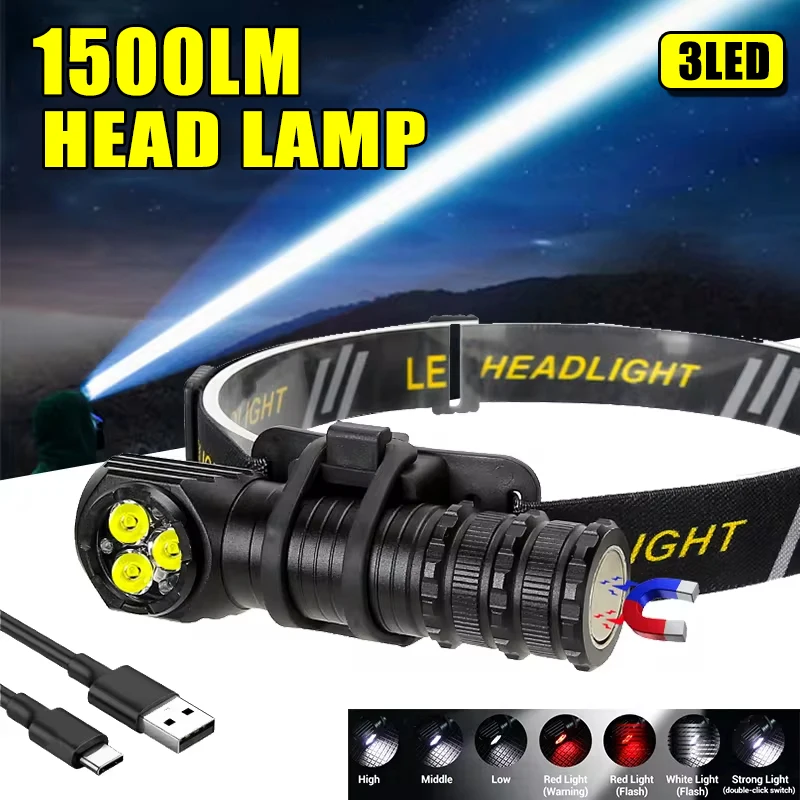 Mini Portable Headlight Multi Functional Strong Magnetic Work Light Rechargeable Waterproof Outdoor Camping Hiking Flashlight