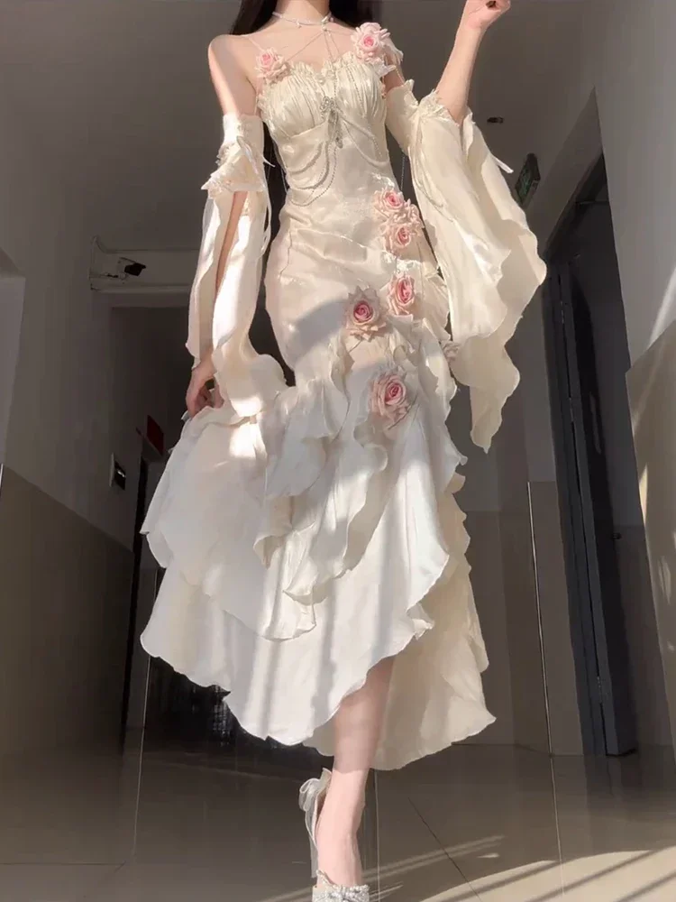 Damenkleid mit hoher Taille, schmal geschnitten, elegant, mit 3D-Rosen, unregelmäßigem Schnitt, langem Rock, Gothic-Ärmel, Sommer, süß, Lolita, Fischschwanz, Feenkleid – Detail 4