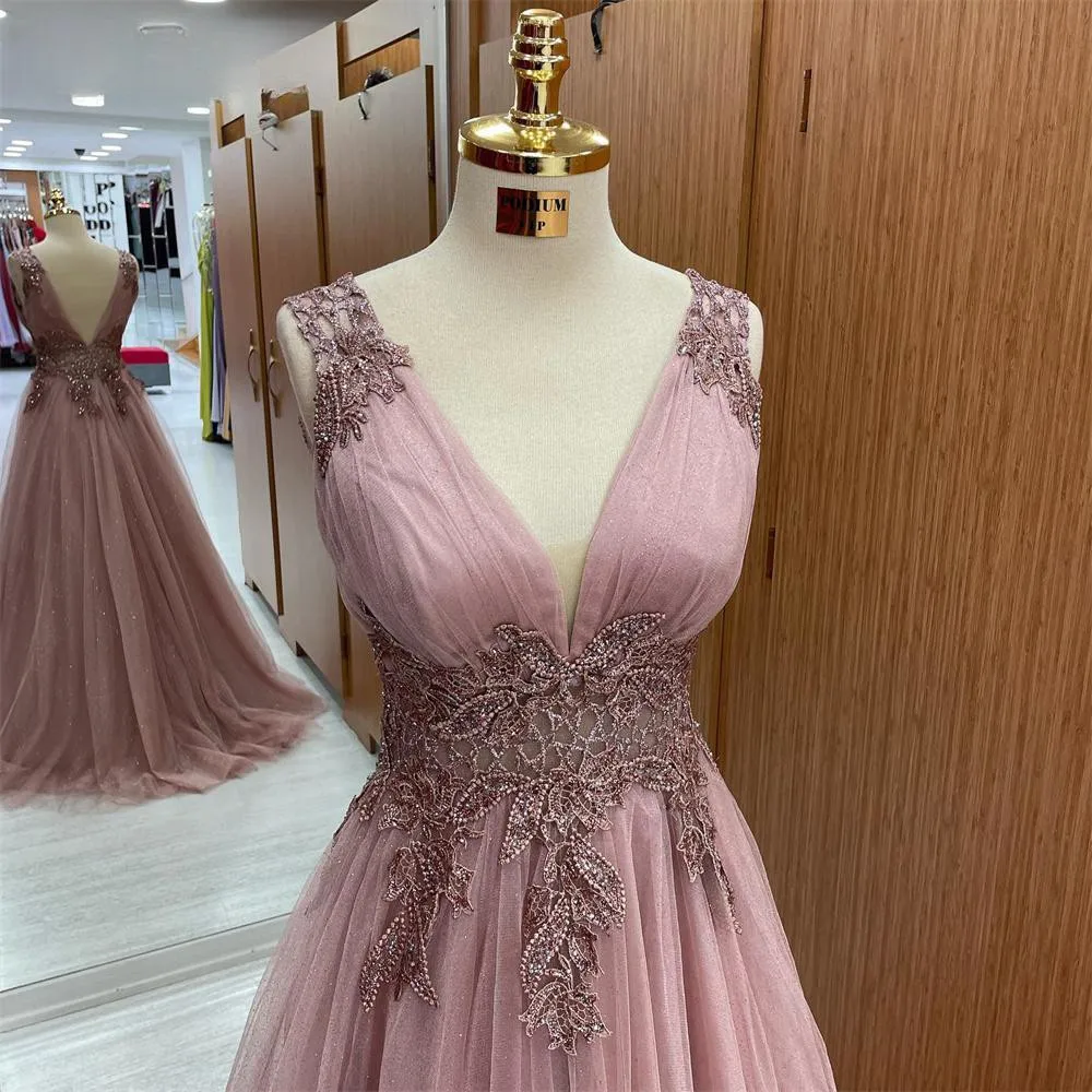 Sansa Rose Pink فساتين سهرة Handmade Exquisite Lace Embroidery Vestidos De Fiesta Sleeveless V-neck Tulle Vestidos De Noche