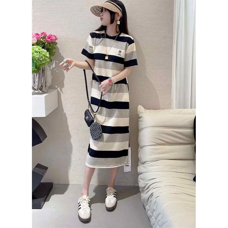 T-shirt d'été à rayures pour femmes, taille ample, mélange de coton et de lin doux, robe trapèze mi-longue pour 8 à 24 ans