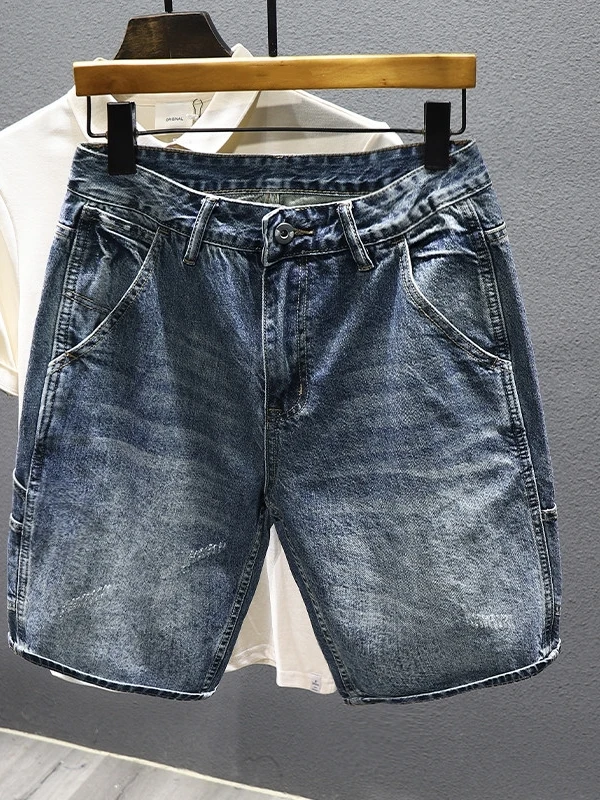 Retro American Washed Denim Shorts Men Summer New Loose Straight Five-Point Trendy Brand Three-Dimensional Tailoring Mid-Pants