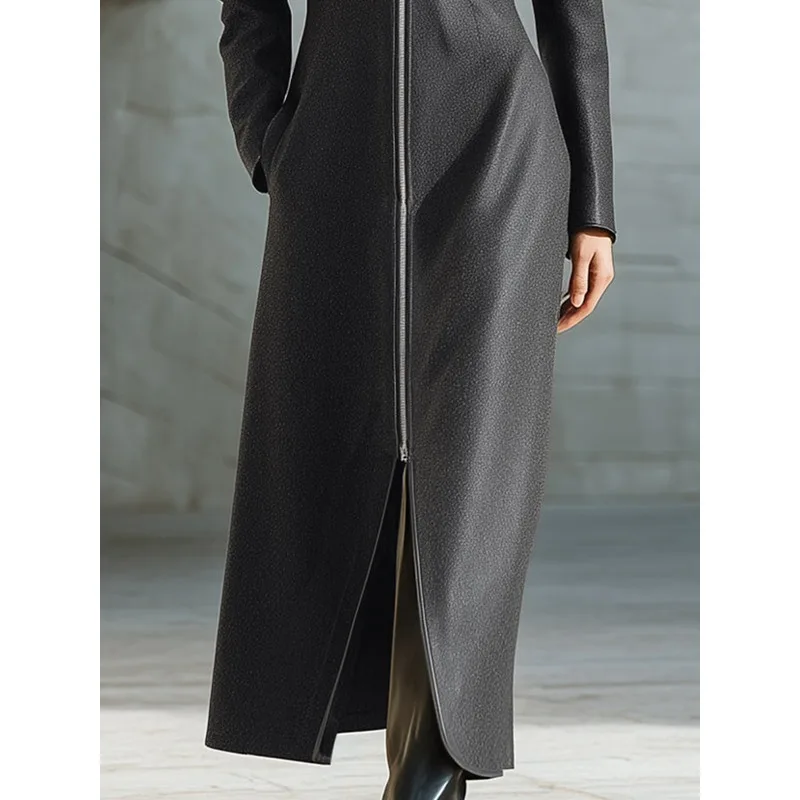 Tinha سترات طويلة من الجلد باللون الرمادي الرسمي للنساء للخريف والشتاء على شكل حرف a ورقبة واقفة وأكمام طويلة وسحاب وحاشية معاطف كلاسيكية من البولي يوريثان 195310