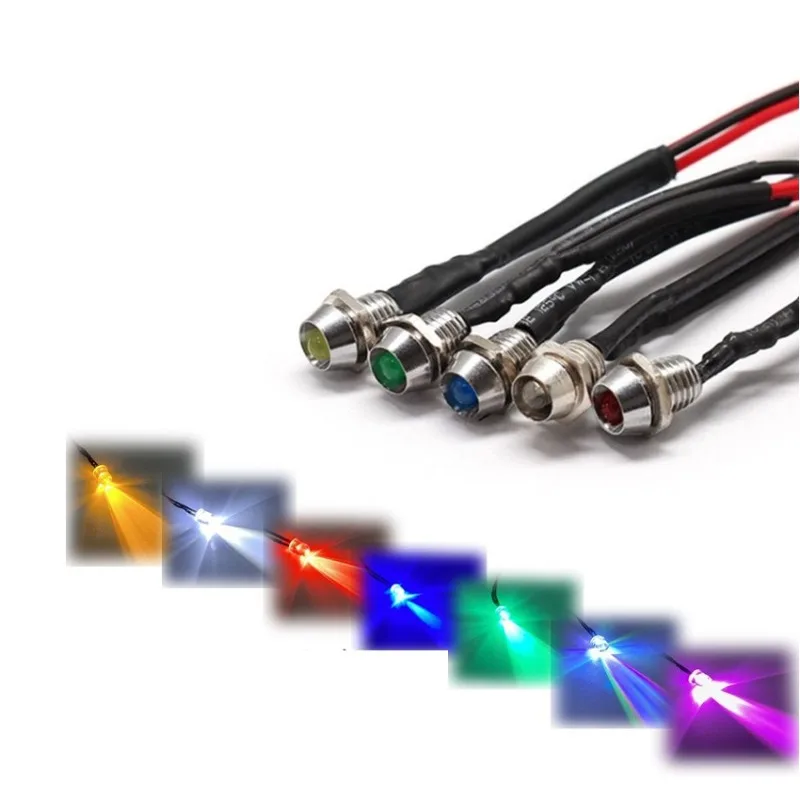 

10pcs 6mm LED Metal Indicator Light 6mm Waterproof Signal Lamp Light 12/220V Wires Connect Brass Nickel PlatingGreen Red Blue