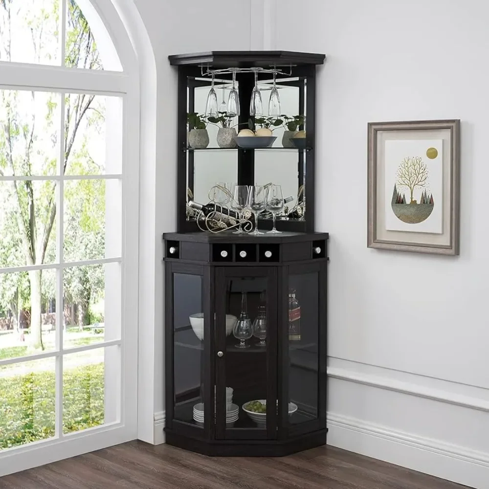 Wine Bar Cabinet com duas prateleiras de vidro, built-in Wine Rack, armazenamento para sala de estar, casa, escritório, cozinha, pequeno espaço