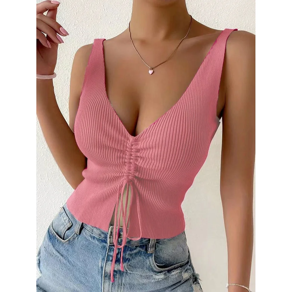 New Summer Women Drawstring Front Ribbed Knit Tops Femme Sexy V Neck Sleeveless Crop Top Clothes High Stretch Split Cropped Tank