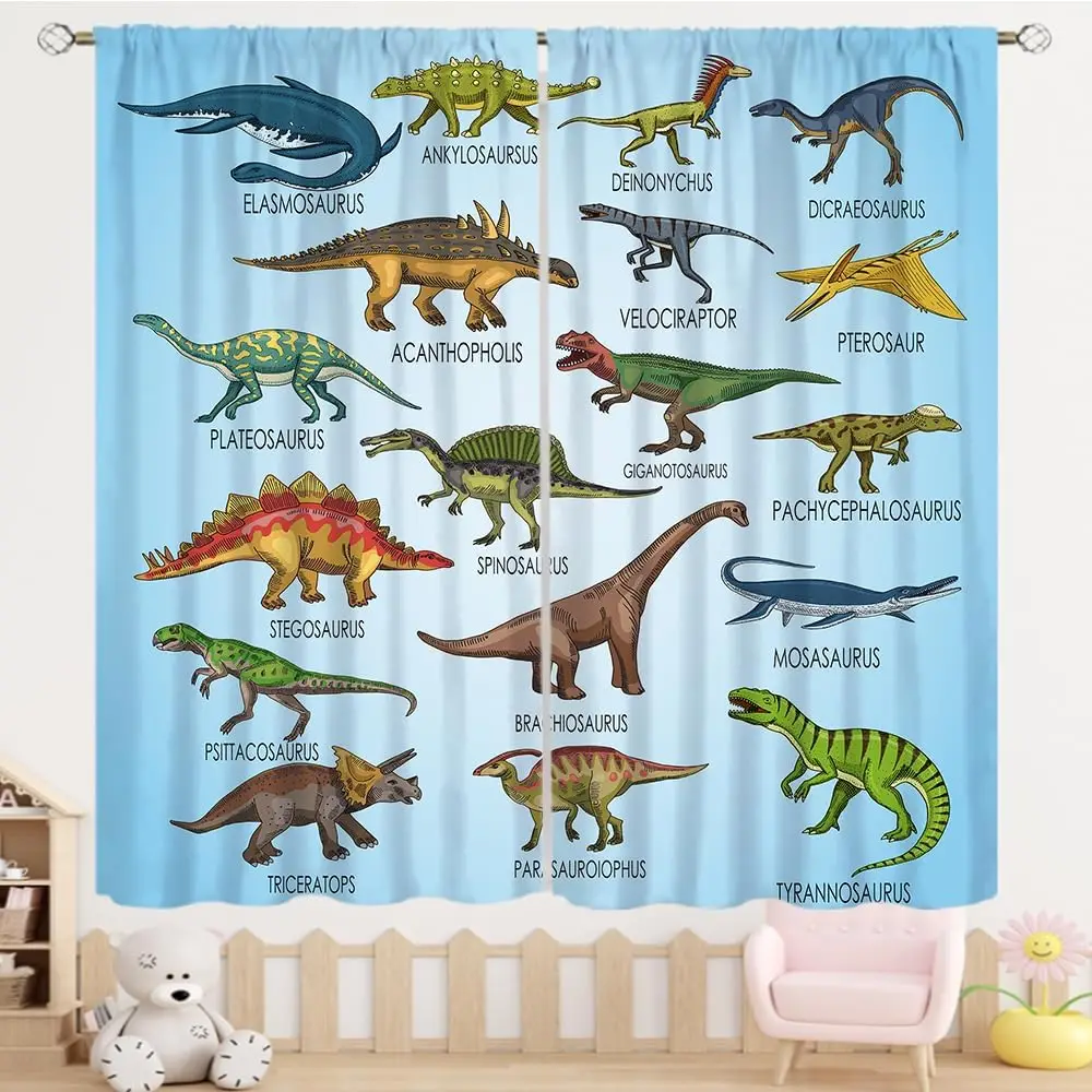 2 Panels Dinosaur Chart Curtains Light Blue Background Various Dinosaur Species Name Label Print Window Curtains Kids Bedroom