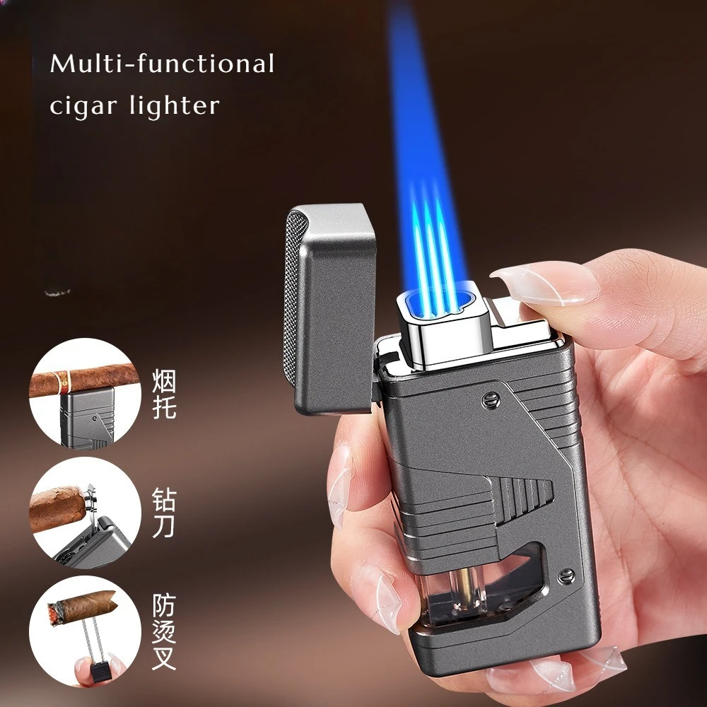 

New Multi-functional Direct-flush Windproof Inflatable Three-flame Lighter with Transparent Air Window Cigar Accessory