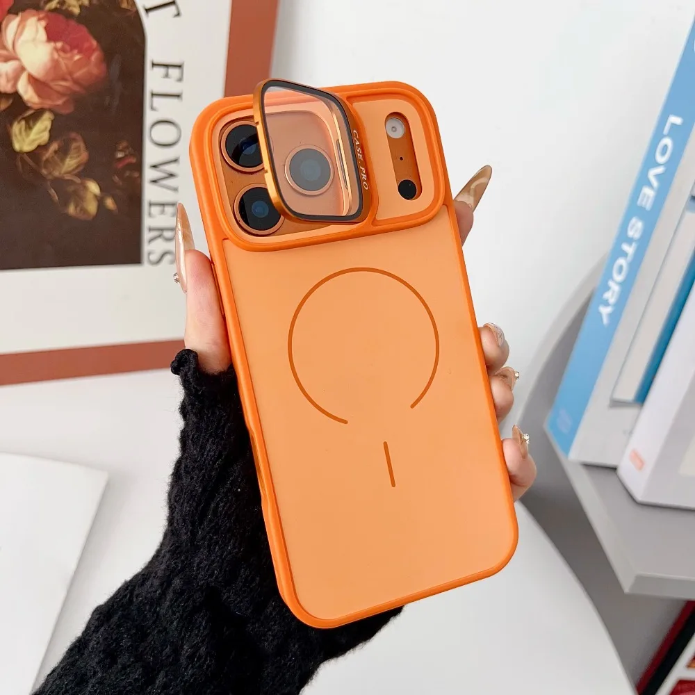

Luxury Lens Holder Magnetic Phone Case for iPhone 17 16 15 14 13 Pro Max Skin Feel Wireless Charging Shockproof Case
