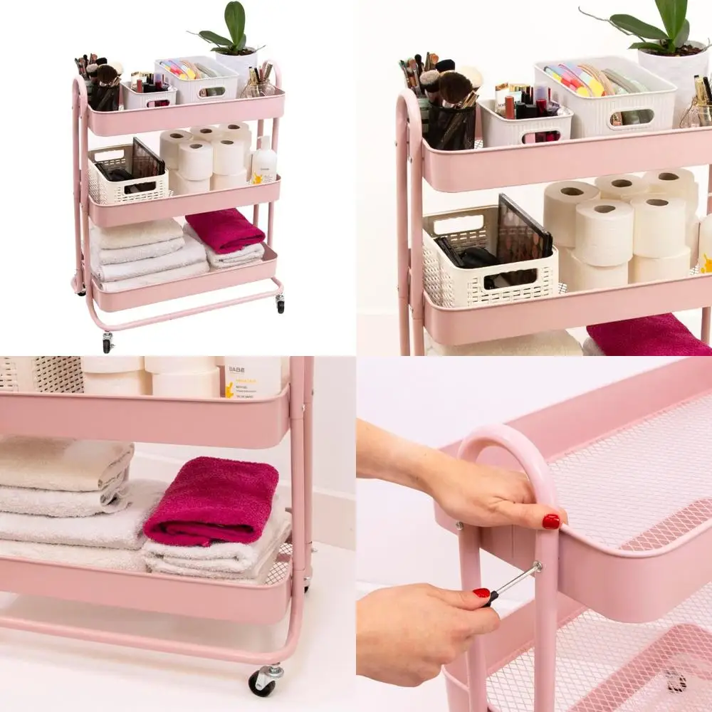 

Прочная 3-ярусная металлическая тележка с поворотными колесами и тормозами, белая