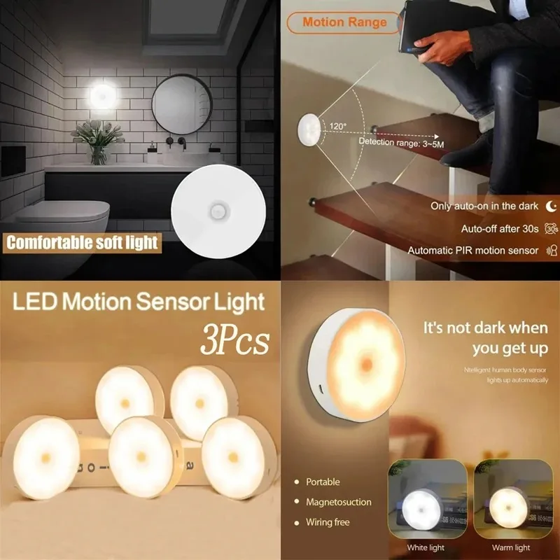 

Motion Sensor LED Night Light USB Rechargeable Night Lamp For Kitchen Cabinet Wardrobe Lamp Staircase Wireless LED Closet Light