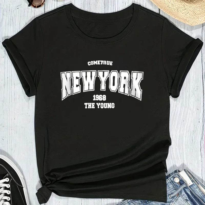 

Fashion Women T-shirt When 1968 The New York Is Young Short Sleeve T Shirt Female Cute Streetwear O-Neck Loose Y2k Clothing Top