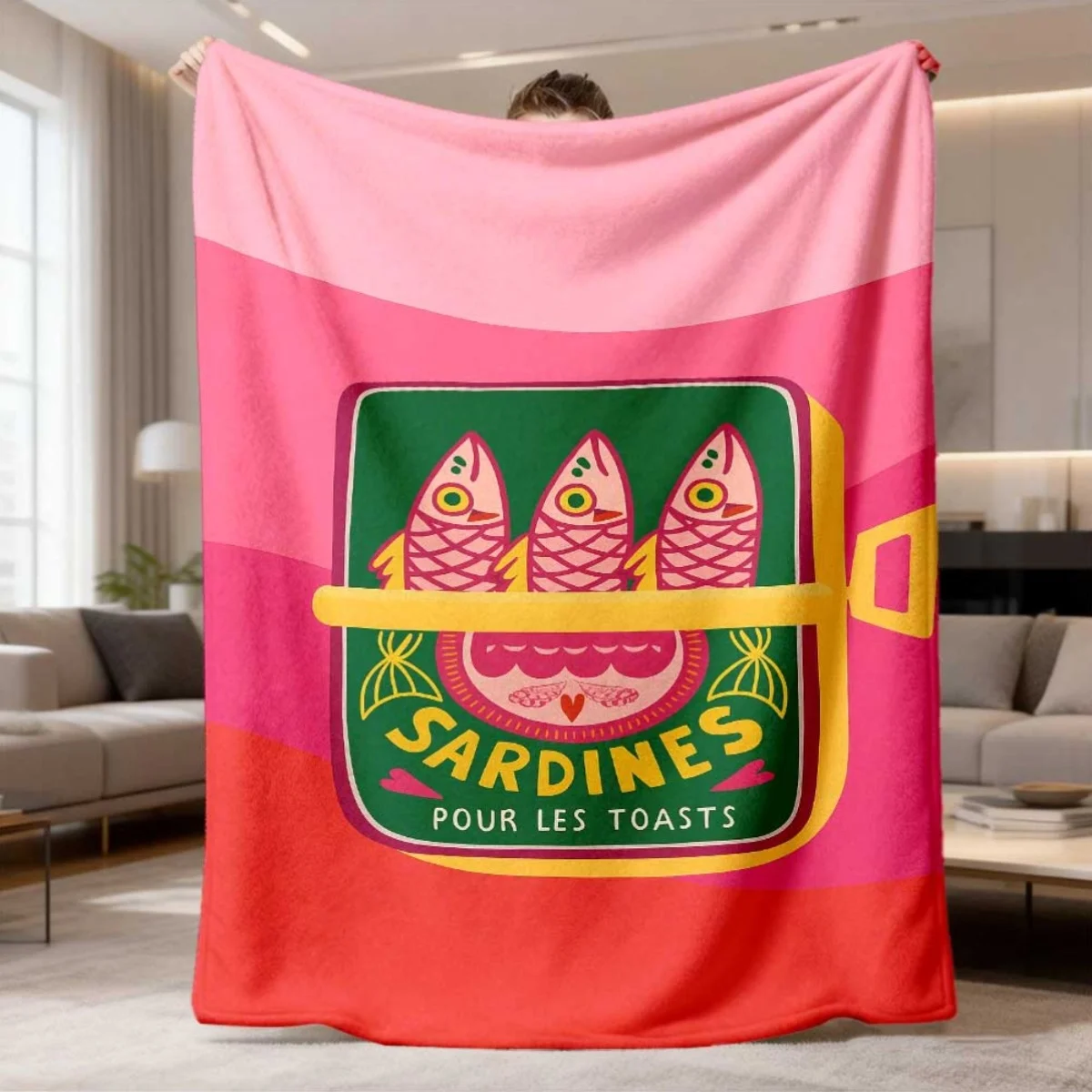 French-Inspired Sardine Can Throw Blanket | Cute Sardines & Toast Design In Pink, Green, And Beige | Soft Flannel Bedspread Or C