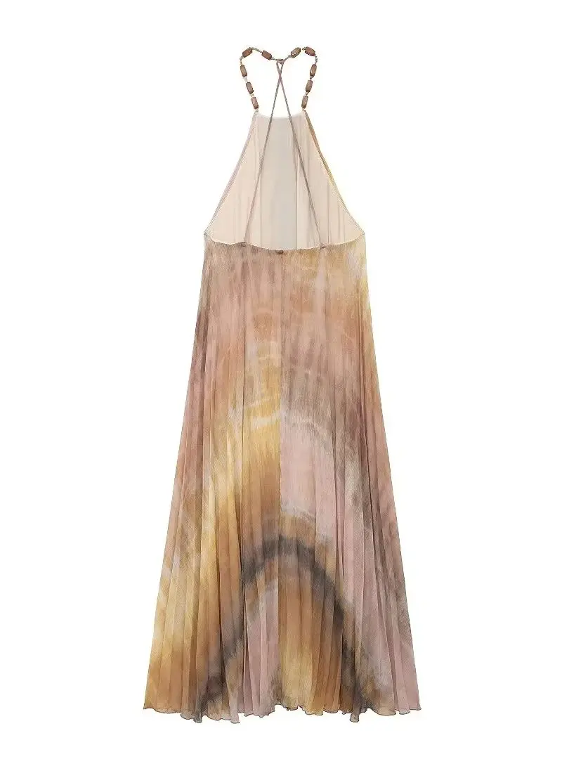 XNWMNZ 2024 Women's Fashion Pleated Tie Dyed Halter Dress Women Vacation Style Beaded Open Back Flowing Female Chic Midi Dresses