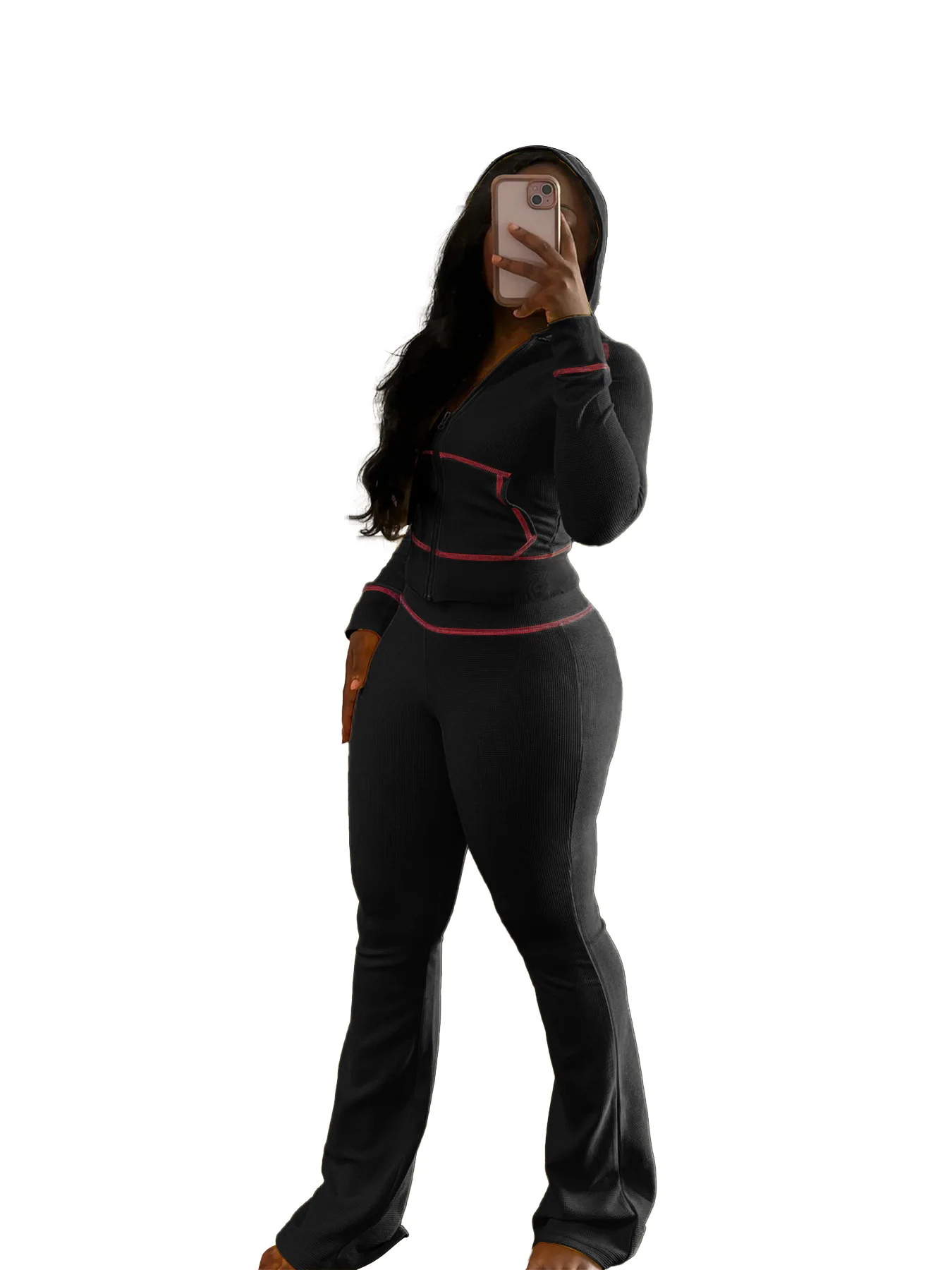 

Women's Waffles Fabric with Shoulder Sleeve Hat Cardigan Top Coat Micro Horn Trousers Casual Two-Piece Set Ropa Para Mujer