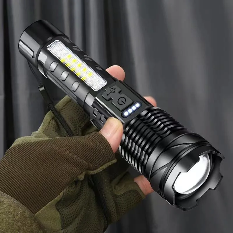 Laser telescopic zoom Rechargeable LED strong light flashlight home outdoor red and blue warning COB side light